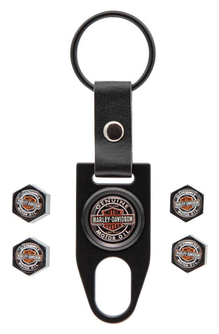 H-D® VINTAGE GENUINE MOTOR OIL VALVE STEM COVERS & KEY CHAIN - BLACK