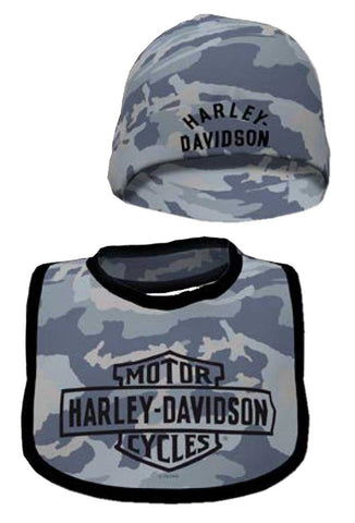 H-D® NEWBORN BOYS' PRINTED CAMO BIB & HAT SET - BLUE GRAY