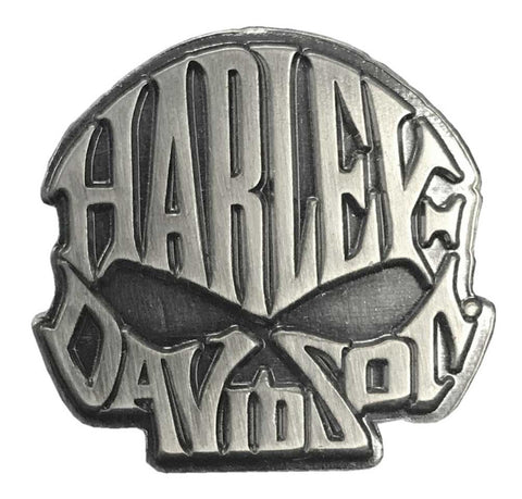 H-D® 1 IN. WILLIE G. SKULL TEXT PIN, ANTIQUE SILVER FINISH