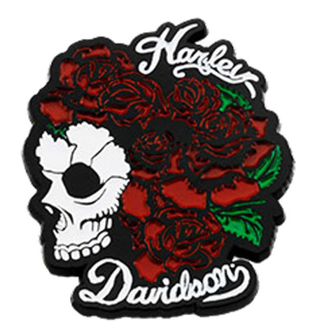 H-D® 1.5 IN. ENGRAVED SKULL & ROSES METAL PIN, GLOSS BLACK FINISH