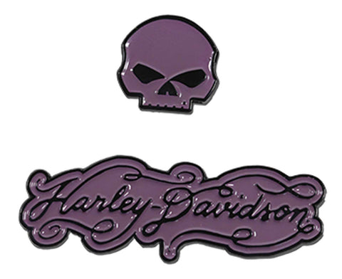 H-D® 1.5 IN. HARLEY CURVE WILLIE G SKULL METAL PIN SET, GLOSS FINISH