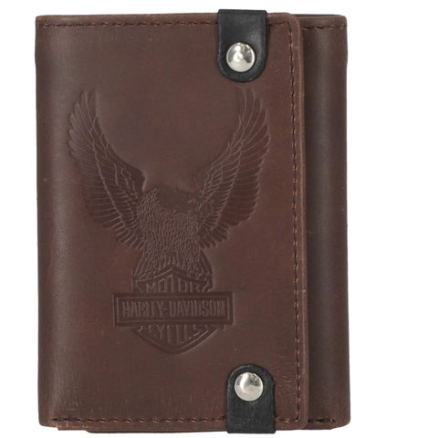 H-D® MEN'S CLASSIC GENUINE LEATHER CRAZY HORSE EAGLE TRIFOLD WALLET - BROWN