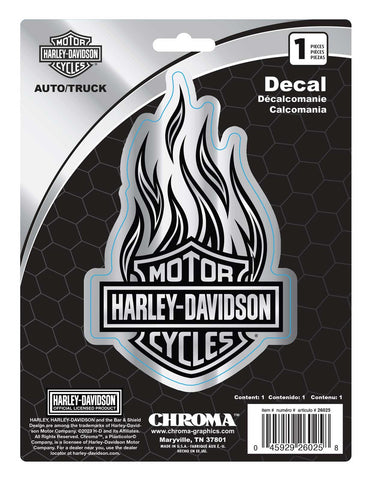 H-D® CHROME BAR & SHIELD LOGO FLAMES DECAL - SILVER - 6 X 8 IN.