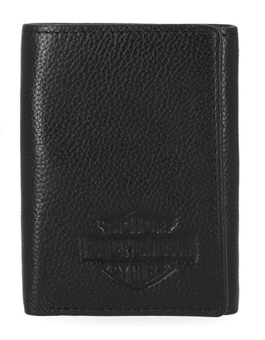 H-D® MEN'S CLASSIC GENUINE PEBBLE LEATHER B&S TRIFOLD WALLET - BLACK